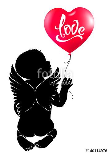 354x500 Silhouette Baby Angel With Red Heart Balloon Love. Stock Image