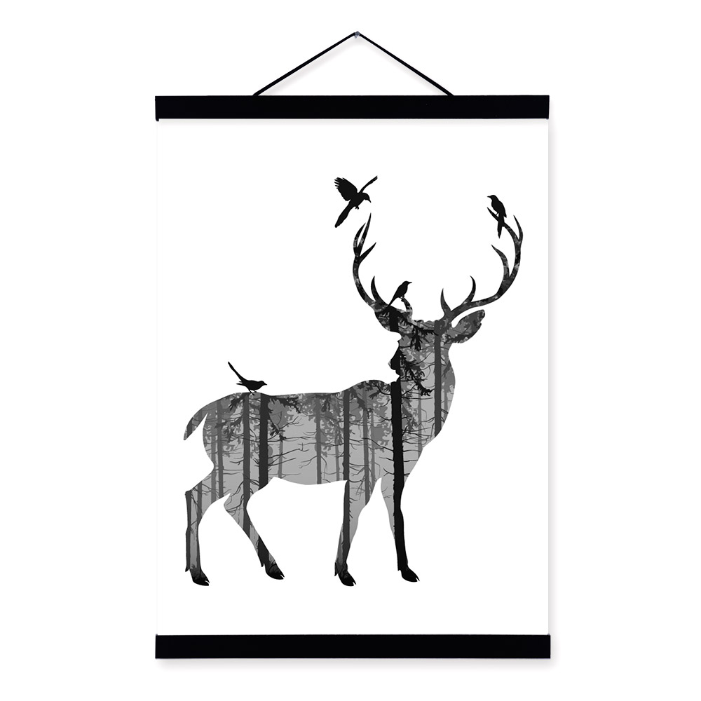 1000x1000 Deer Black White Nordic Minimalist Animal Silhouette A4 Framed