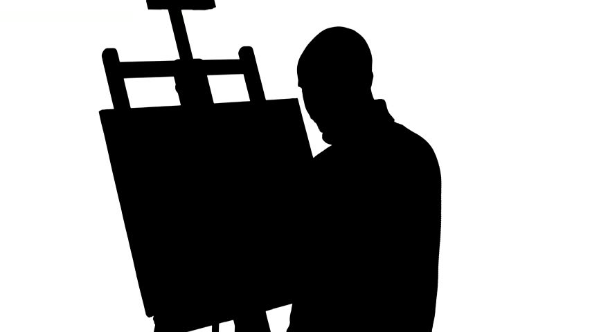 852x480 Bald, Stylish, Bearded Painter In Dark Sweater Drawing A Painting