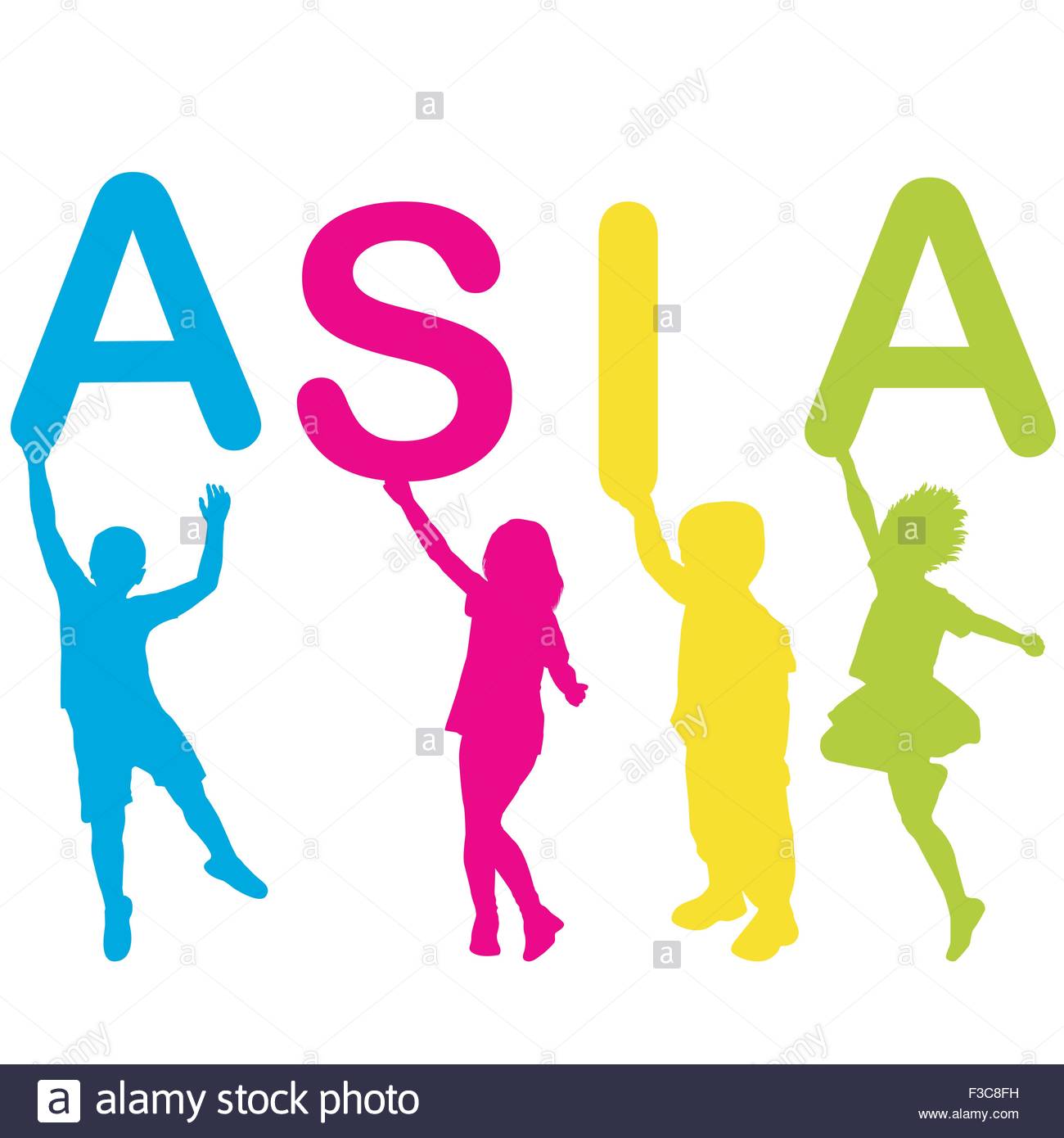 1300x1390 Children Silhouettes Holding Letters Building The Word Asia Stock