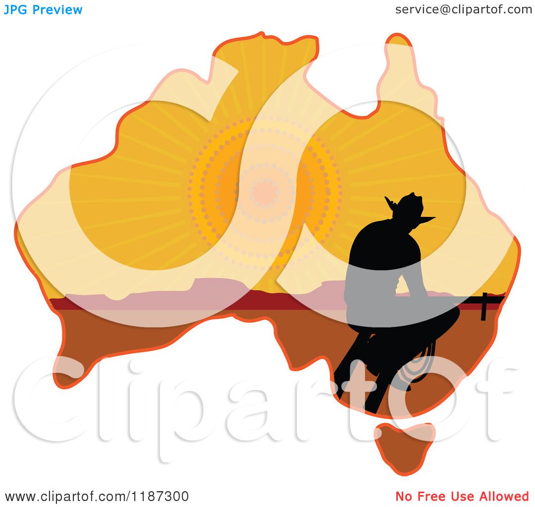 1080x1024 Cartoon Of A Silhouetted Australian Cowboy On A Sunset Aussie Map