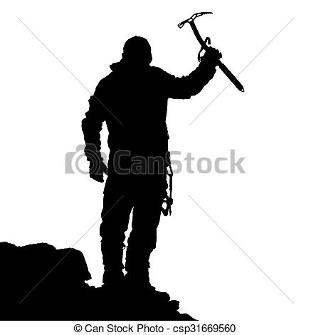 437x470 Black Silhouette Of Climber With Ice Axe In Hand On The Stock