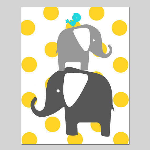 570x570 Nursery Art Polka Dot Elephant Bird Silhouette Print 8x10