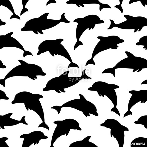 500x500 Seamless Pattern With Black Silhouette Dolphins On White. Design