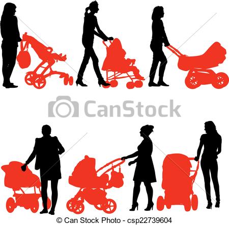450x443 Silhouettes Walkings Mothers With Baby Strollers. Vector Vector