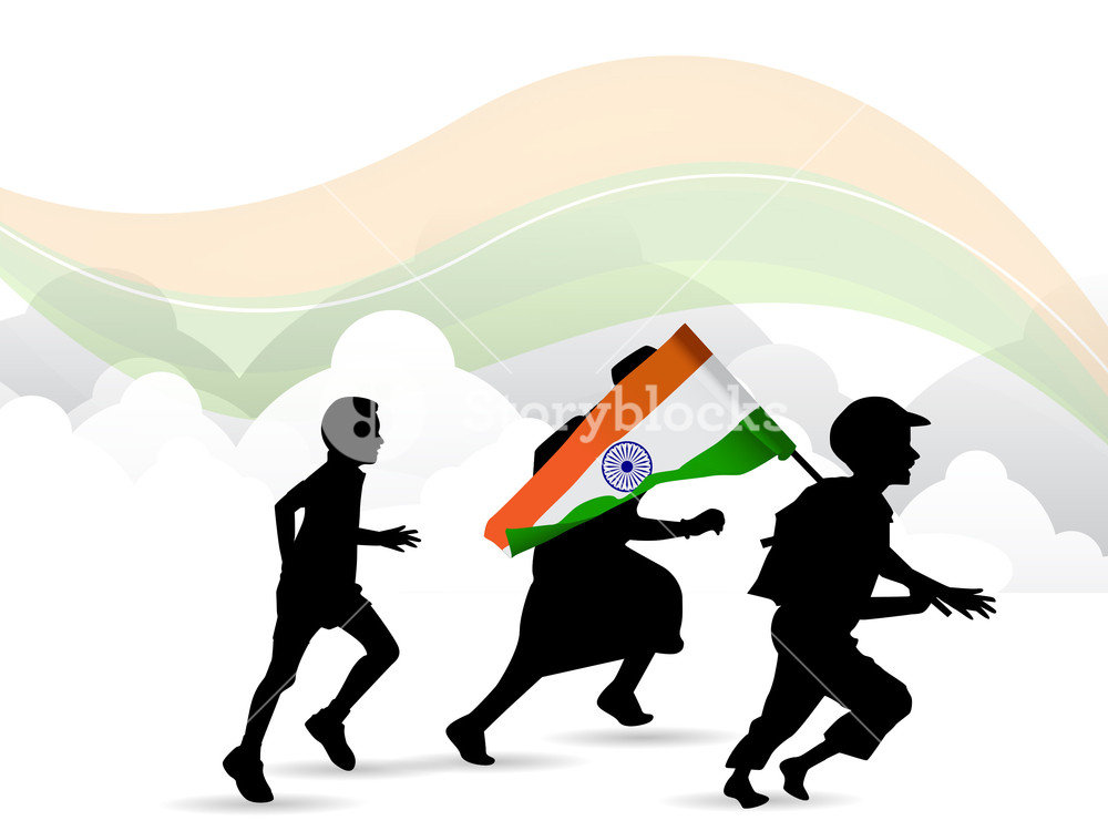 1000x750 Children Silhouette On Indian Flag Waving Background. Royalty Free