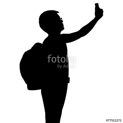 500x500 Silhouette Man With Backpack Using Mobile Phone, Vector Format