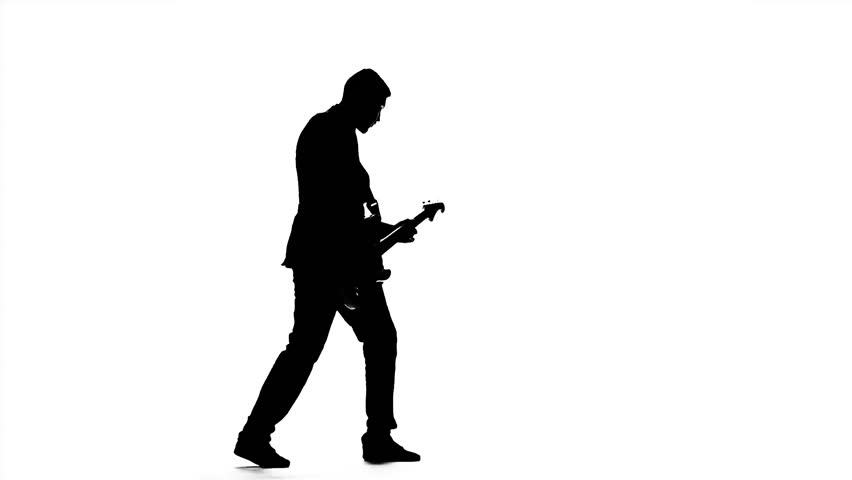 852x480 Man Musician With Bass Guitar. Silhouette. Slow Motion Stock