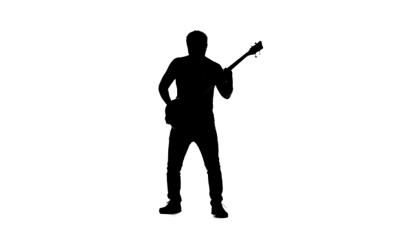 590x332 Silhouette Musician Man Playing The Electric Bass Guitar. White