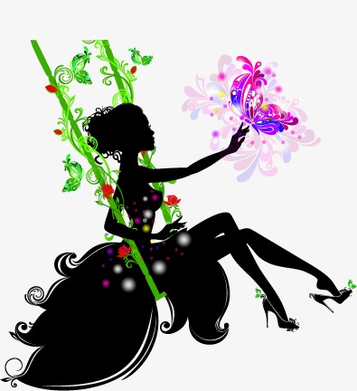 395x432 Beautiful Girl, Silhouette Figures, Butterfly, Plant Png