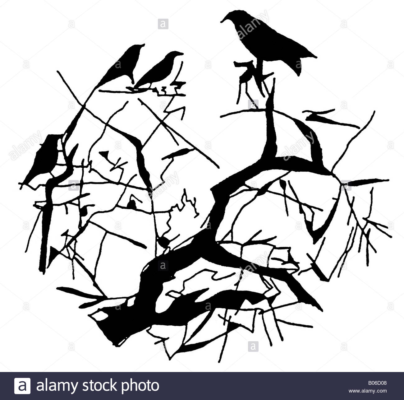 1300x1286 Hand Drawn, Pen And Ink Image Of Birds In A Tree Silhouette Stock