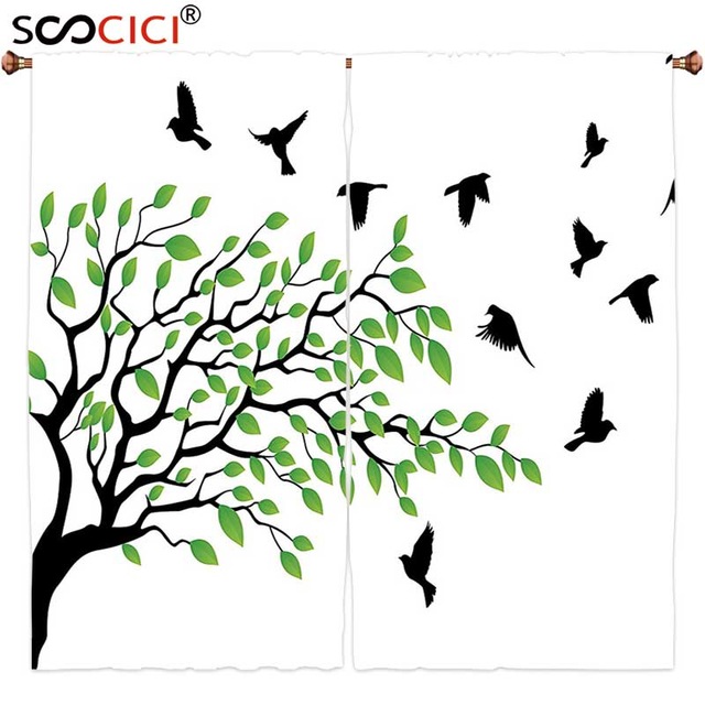 640x640 Window Curtains Treatments 2 Panels,flying Birds Decor Spring Tree