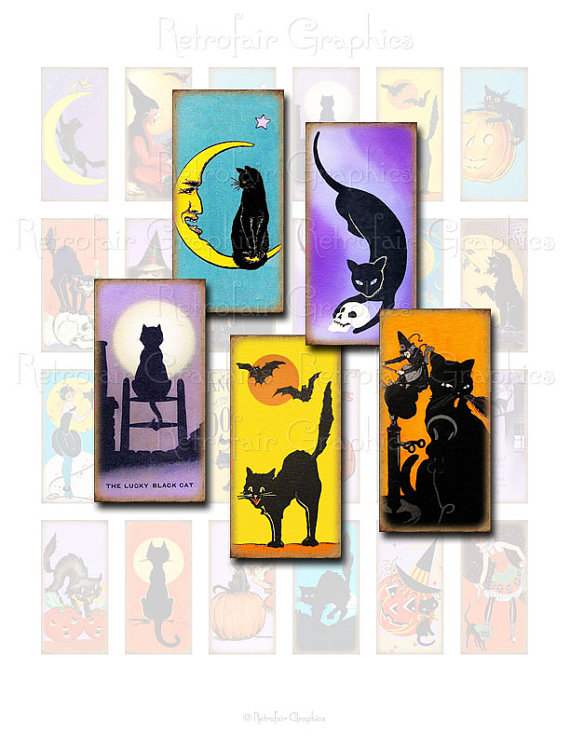 570x738 Vintage Black Cat Digital Collage Sheet, Domino Size 1x2