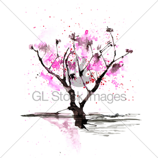325x325 Tree Branch In Japanese Style. Watercolor Hand Painting I Gl