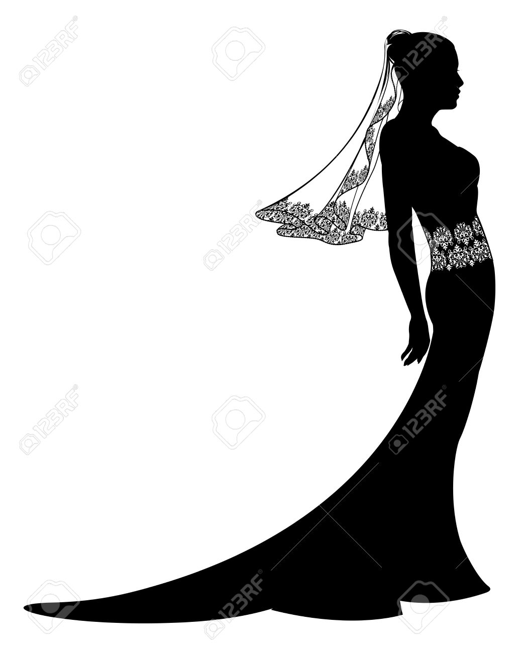 1033x1300 Wedding Dress And Bouquet Bride Silhouette Stock Vector Art
