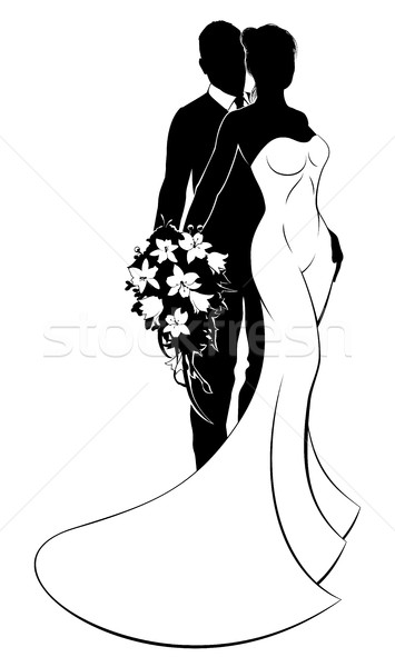 355x600 Bride And Groom Bouquet Wedding Silhouette Vector Illustration