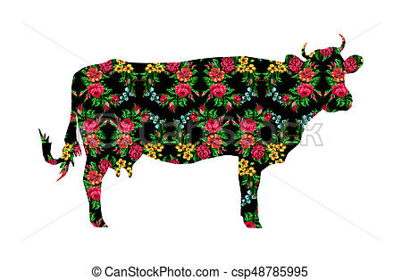 450x314 Cow With Color Circle Bouquet Of Flowers. Silhouette Of Cow