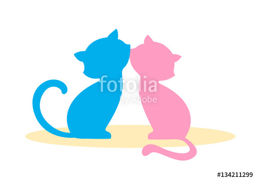 500x353 Two In Love, Enamored Cat, Boy And Girl Kissing. Blue And Pink