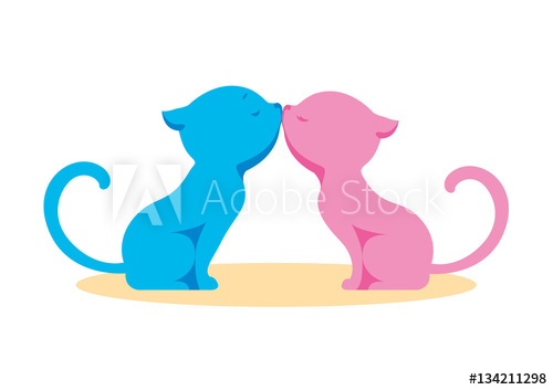 500x353 Two In Love, Enamored Cats, Boy And Girl Kissing. Blue And Pink