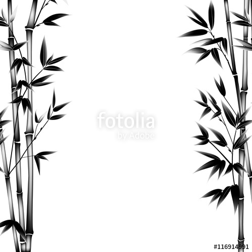 500x500 Ink Paint Bamboo Bush. Decorative Bamboo Branches. Card With Black