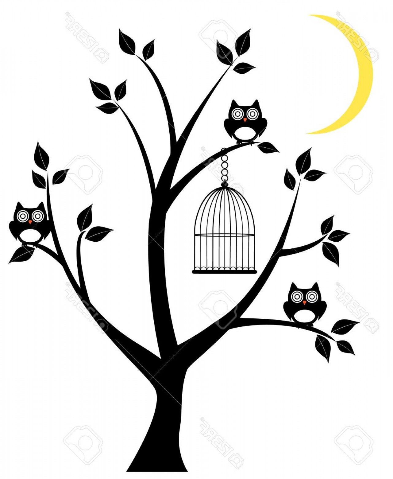 1281x1560 Photostock Vector Vector Tree Silhouette With Owls Cage And Moon