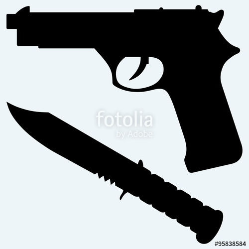 500x500 Silhouette Of A Knife And Gun Icon. Isolated On Blue Background