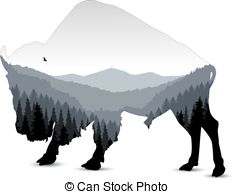 234x194 Silhouette Of Bull With Blue Evenning Mountain Landscape. Clipart
