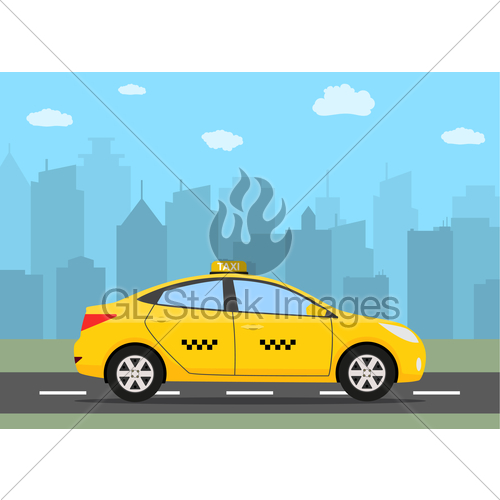 500x500 Yellow Taxi Car In Front Of City Silhouette Gl Stock Images