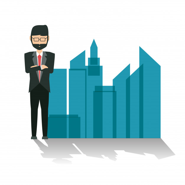 626x626 Cartoon Businessman Standing Next To A City Silhouette Vector