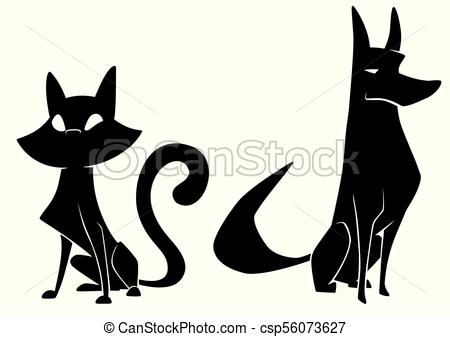 450x337 Cat And Dog Silhouettes. Full Length Illustration Of The Vector
