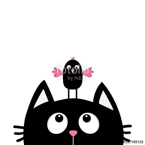 500x500 Black Cat Face Head Silhouette Looking Up To Funny Bird. Cute