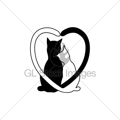 500x500 Silhouette Of Cat Couple In Love With Shape Heart Tails. Gl