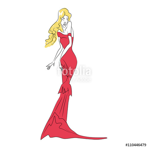 500x500 Vector Fashion Sketch. Beautiful Blonde Model Standing In Long Red