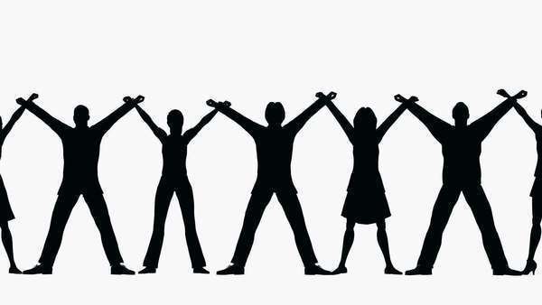 600x338 Row People Silhouette Man Woman Chain With Hands Up