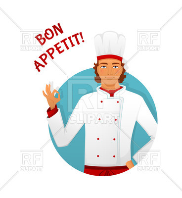 368x400 Cartoon Young Chef In Uniform Says Bon Appetit! Royalty Free
