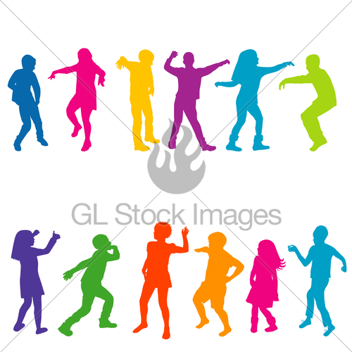 500x500 Colorful Silhouettes Of Children Dancing Gl Stock Images