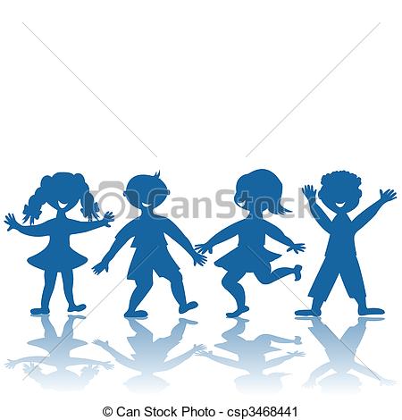 450x470 Happy Children. Blue Silhouettes Oh Happy Smiling Children Clipart
