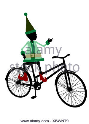 300x420 Christmas Elf With A Bycycle Silhouette Illustration Stock Photo