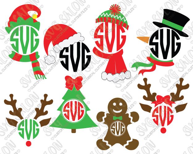 625x500 Christmas Circle Monogram Cutting File Set With Elf, Santa Hat