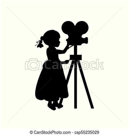 450x470 Silhouette Girl Makes Movies Film Camera. Vector Vector
