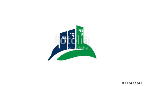 500x300 Green Leaf With Blue City Buildings Silhouette. Vector Logo