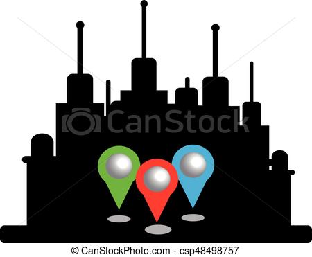 450x371 City Silhouette With Map Pins Isolated On White Background