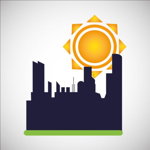 500x500 City Silhouette With Sun Background Vector 03