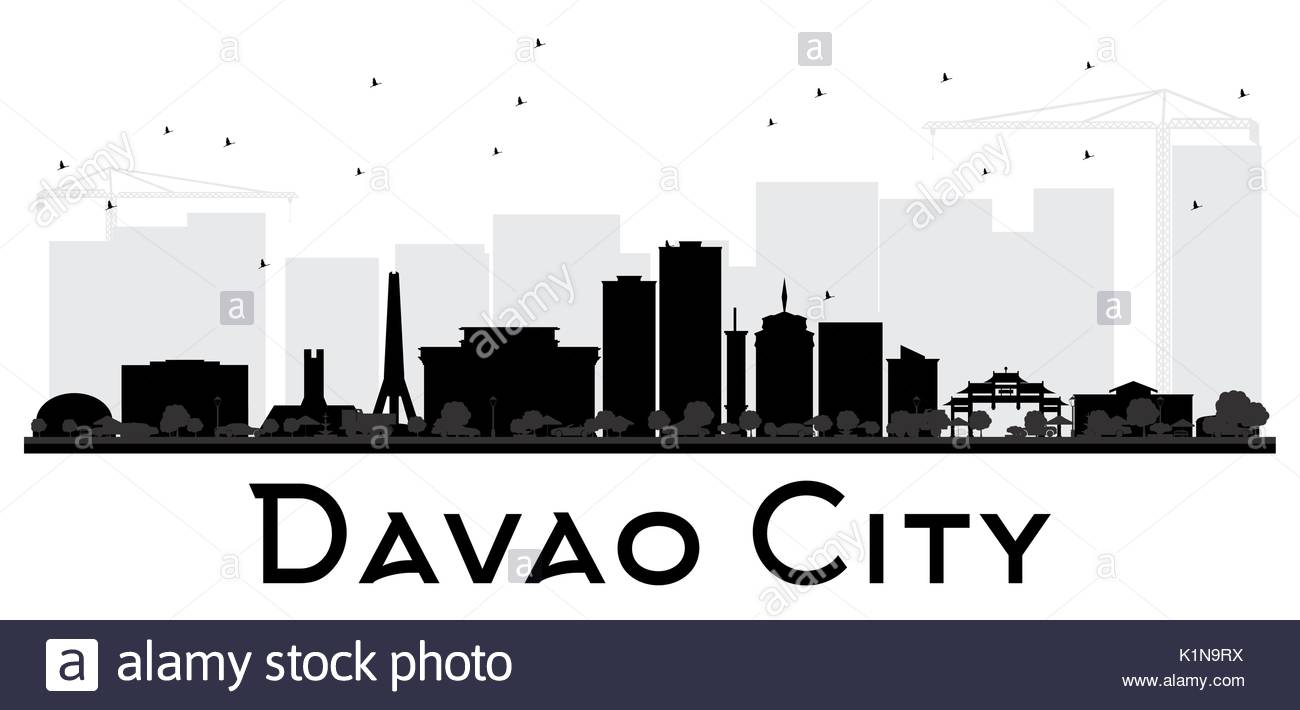 1300x710 Davao City Skyline Black And White Silhouette. Vector Illustration