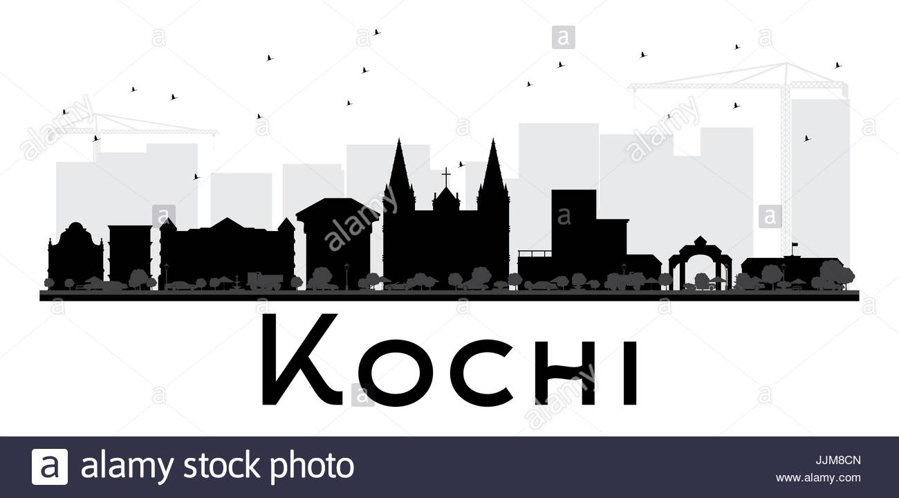 1300x720 Kochi City Skyline Black And White Silhouette. Vector Illustration