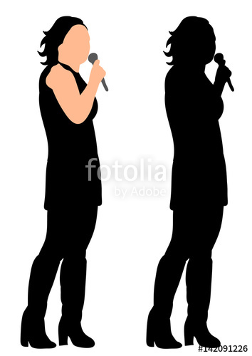354x500 Silhouette Of A Girl Singing, Microphone, Vector, Concert Stock
