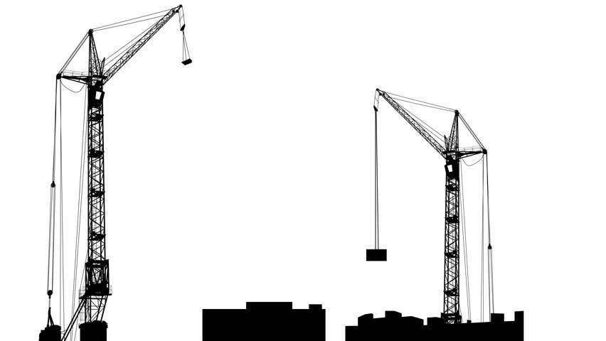 852x480 Silhouette Of Two Cranes Working On The Building. White Screen