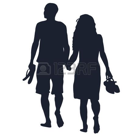 450x450 Silhouettes Of Lovers Walking Barefoots On White Background Stock