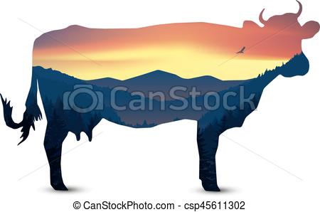 450x298 Silhouette Of Cow With Panorama Of Mountains . Vector Clipart