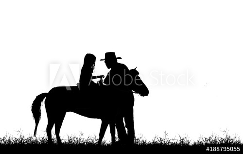 500x317 Silhouette Cowboy And Girl Riding A Horse On White Background
